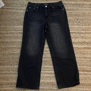 Black Washed Rhinestone Wide Leg Jeans